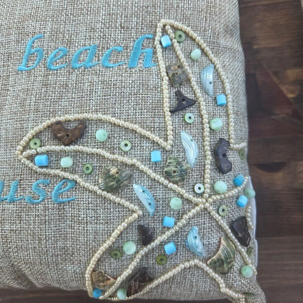 Set of 2 Coastal Burlap Beach Pillows 9x9 Starfish Seashell Handmade Accent